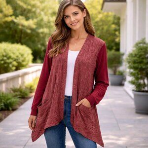 LOGO Lori Goldstein Burgundy/Wine Sweater, Faux Suede Sleeves - Size Small